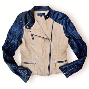 Chic & Jeune Vegan Leather Moto Jacket Two Tone